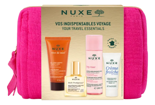 Trousse Vos indispensable Voyage Very Rose Eau Micellaire Apaisante 3-en-1 50ml - Crème Fraîche de beauté® Crème Repulpante Hydratante 48H 30ml - Huile Prodigieuse® 10ml - Gel lavant surgras visage et corps Rêve de Miel 15ml 4 produits